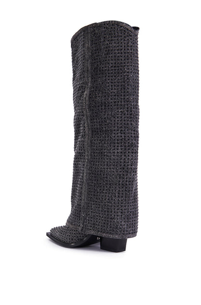 AZALEA WANG CALCIFER GRAY RHINESTONE AND DENIM WESTERN BOOT