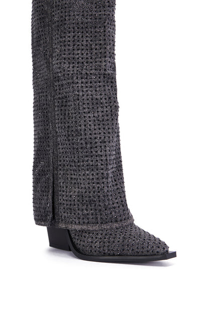 AZALEA WANG CALCIFER GRAY RHINESTONE AND DENIM WESTERN BOOT