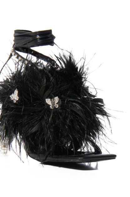 AZALEA WANG CLOVE BUTTERFLY EMBELLISHED FEATHER SANDAL IN BLACK