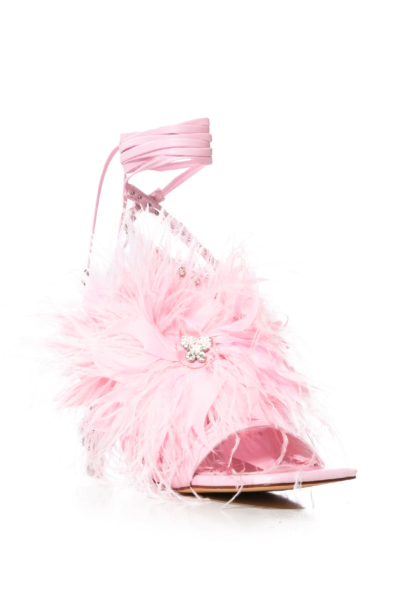 AZALEA WANG CLOVE BUTTERFLY EMBELLISHED FEATHER SANDAL IN PINK