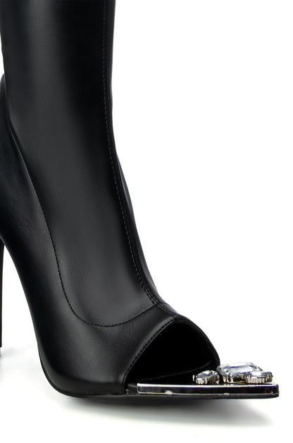 AZALEA WANG CLOVER THIGH HIGH OPEN TOE BOOT IN BLACK STRETCH