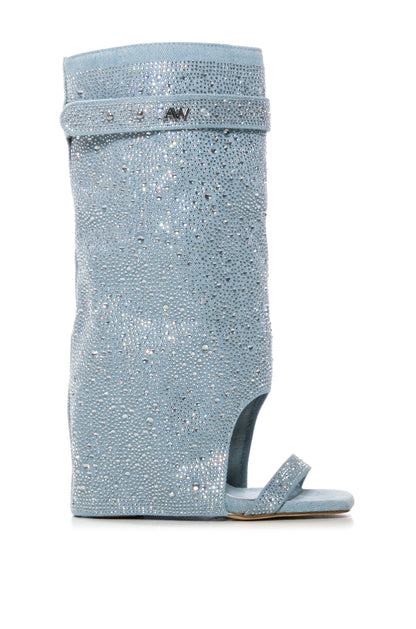 AZALEA WANG DESARAY RHINESTONE OPEN TOE SANDAL BOOTIE IN DENIM