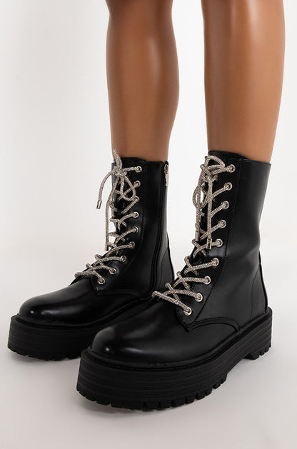 AZALEA WANG DIAMONDS ON MY FEET FLATFORM BOOTIE IN BLACK