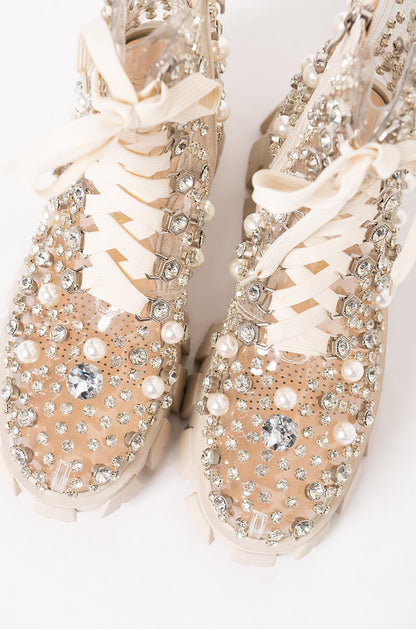 AZALEA WANG DRIPPING IN PEARLS FLATFORM BOOTIE IN NUDE