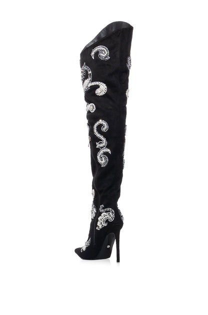 AZALEA WANG EMMETT BEADED EMBELLISHED THIGH HIGH WESTERN BOOT IN BLACK