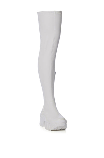 AZALEA WANG FAVORED STRETCH PU THIGH HIGH BOOT IN WHITE