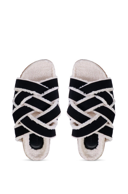 AZALEA WANG MACCOY BLACK SLIP ON FURRY SANDAL SLIPPER