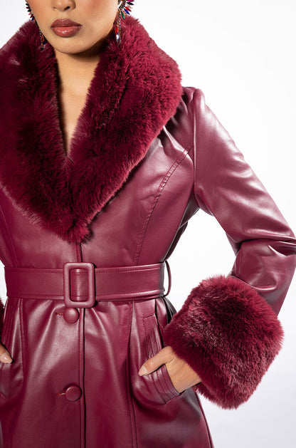 AZALEA WANG MARBOLO PU TRENCH WITH FAUX FUR TRIM