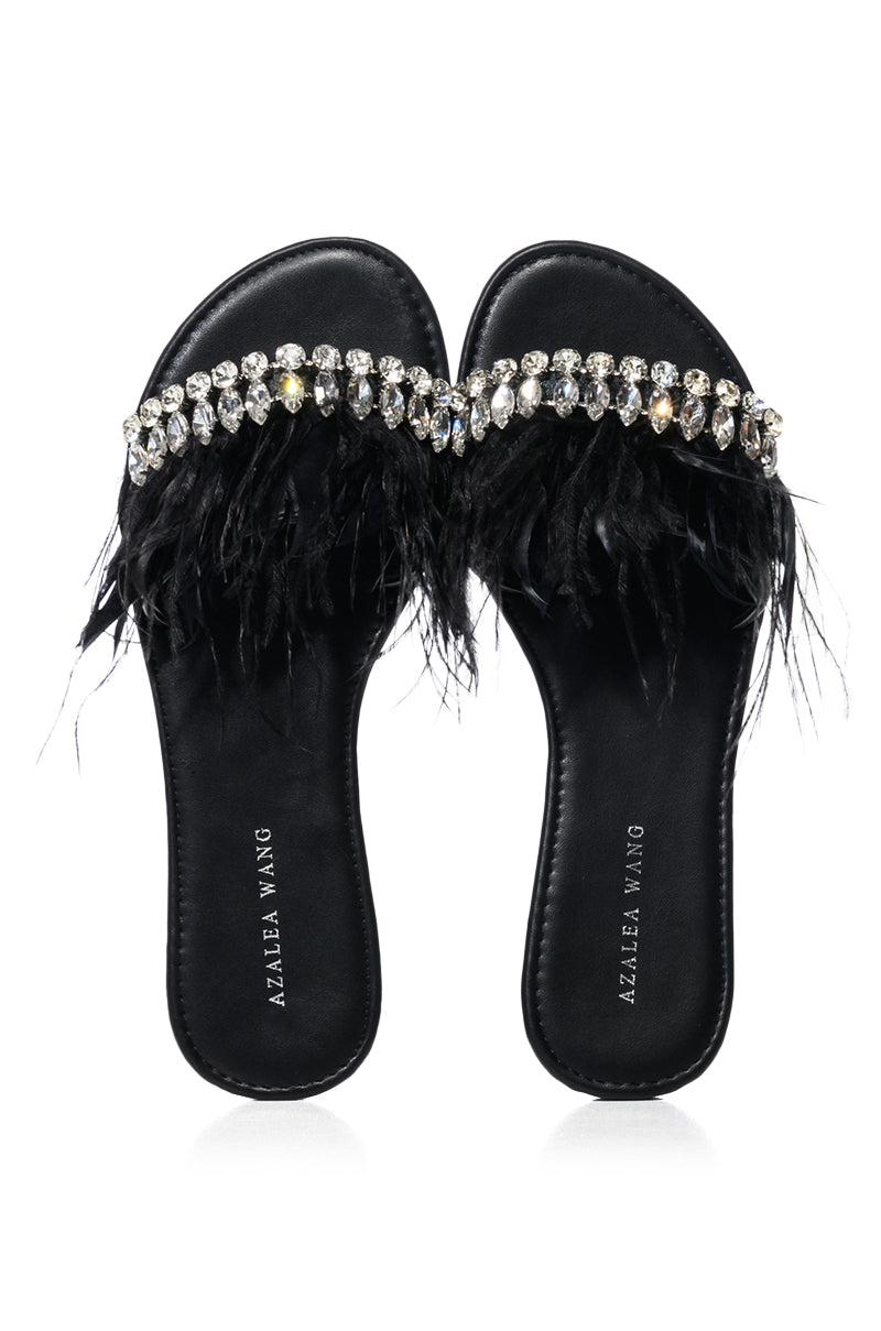 AZALEA WANG FEATHER FLAT SANDAL IN BLACK