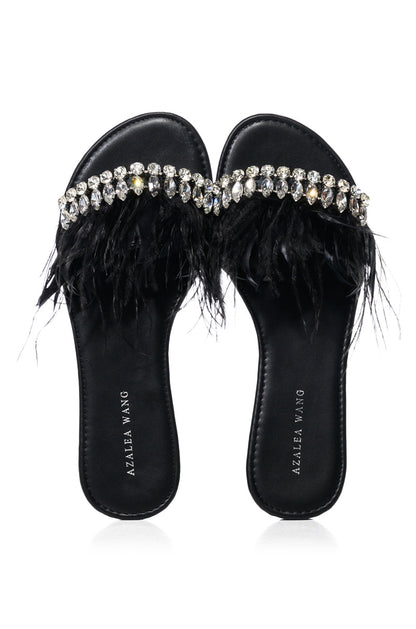 AZALEA WANG FEATHER FLAT SANDAL IN BLACK