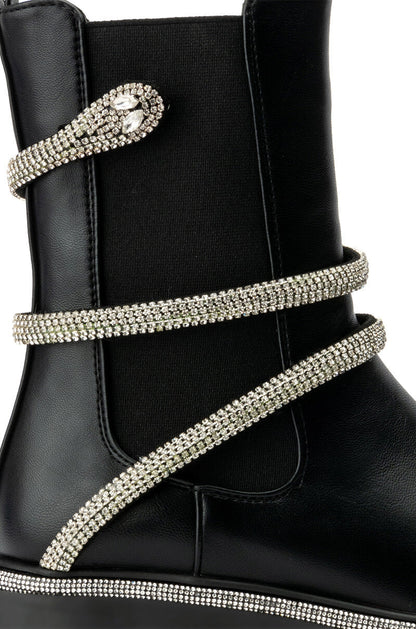 AZALEA WANG VIENNA DIAMOND SNAKE FLATFORM BOOTIE IN BLACK