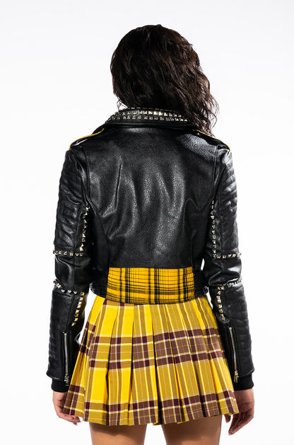COLLEGIATE BACK TO SCHOOL PLAID MOTO JACKET