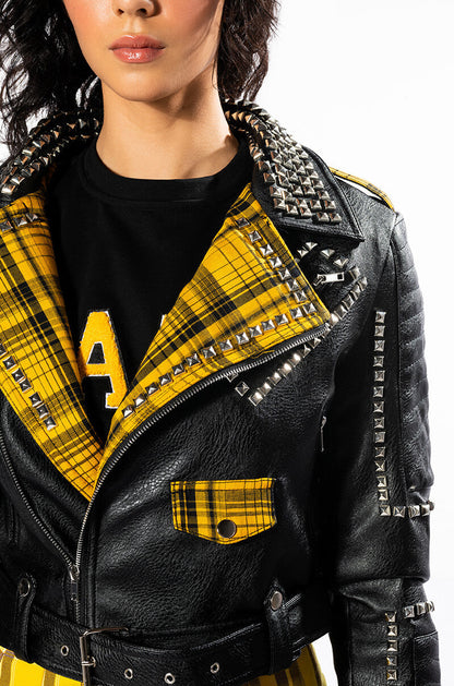 COLLEGIATE BACK TO SCHOOL PLAID MOTO JACKET