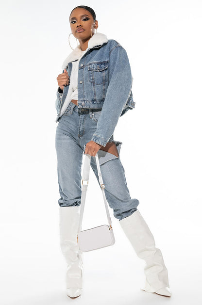 CROP DENIM JACKET WITH PLUSH COLLAR