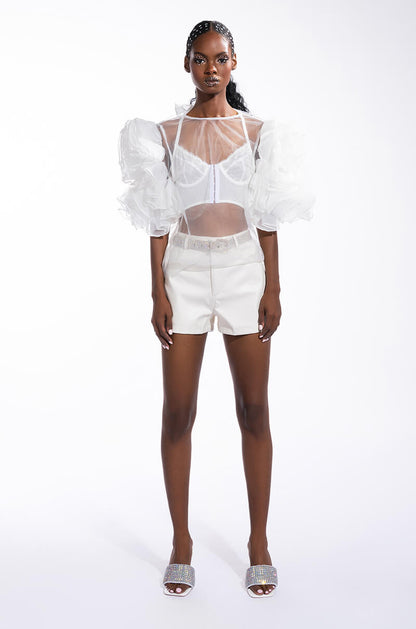 DAYDREAMIN SHEER RUFFLE SLEEVE TIERED DRESS