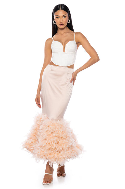 DELLA FEATHER HEM MAXI SKIRT IN LIGHT PINK