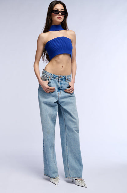 DOLLED UP KNIT BANDEAU TOP IN BLUE