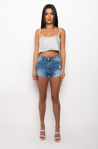 DONT STOP ME HIGH WAISTED RHINESTONES STRIPES JEANS SHORTS