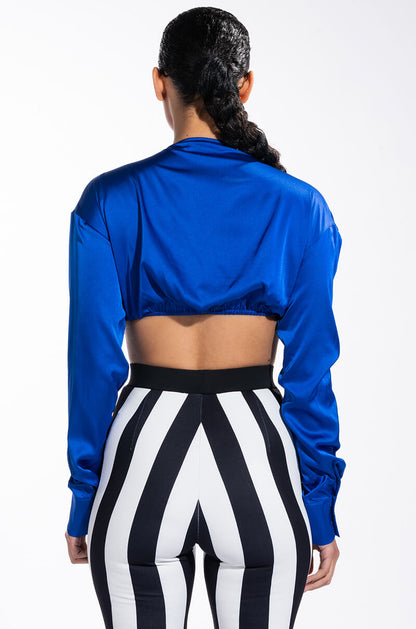 DOWN TO THE WIRE CROPPED LONG SLEEVE V NECK SATIN BLOUSE