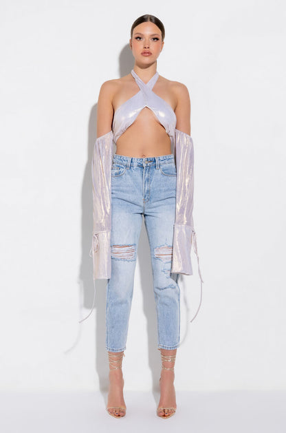 DREAMY WRAP FRONT STATEMENT SLEEVE CROP TOP