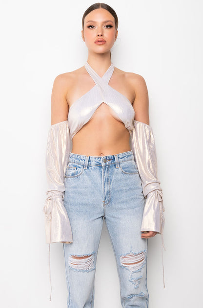 DREAMY WRAP FRONT STATEMENT SLEEVE CROP TOP