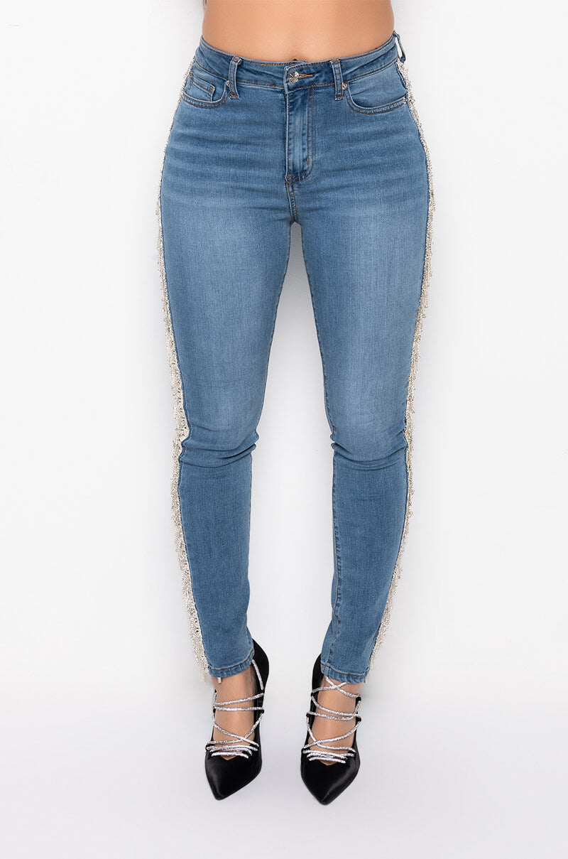FELLING LIKE A STAR HIGH RISE RHINESTONE SKINNY JEANS