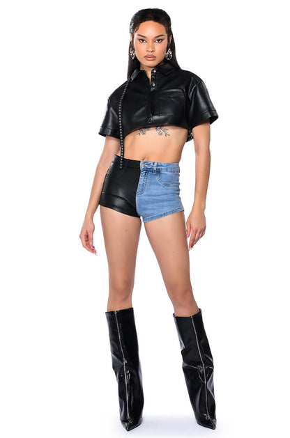 FLEX FIT EXTREME STRETCH FAUX LEATHER AND DENIM SHORTS