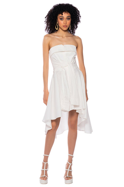 FLORA STRAPLESS TIE WAIST POPLIN MINI DRESS