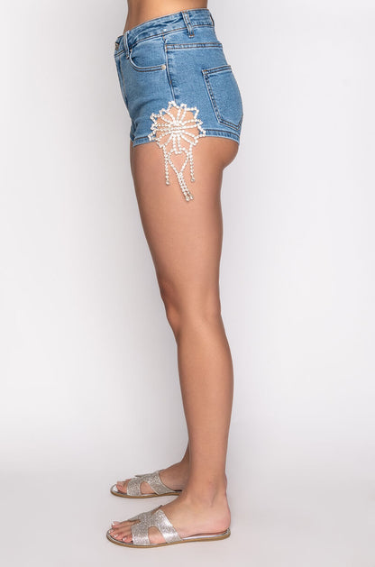 FLORENCE RHINESTONE CUT OUT DENIM SHORT