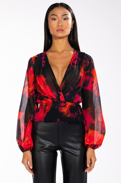 FOR THE THRILL OF IT LONG SLEEVE VNECK SURPLICE BLOUSE