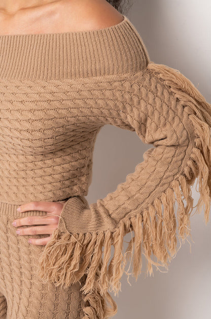 FREAKY FRIDAY LONG SLEEVE FRINGE OFF THE SHOULDER CROP TOP