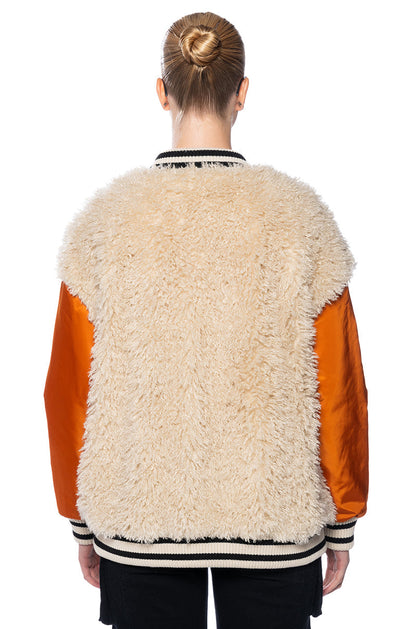 FUR BODICE NYLON VARSITY BOMBER