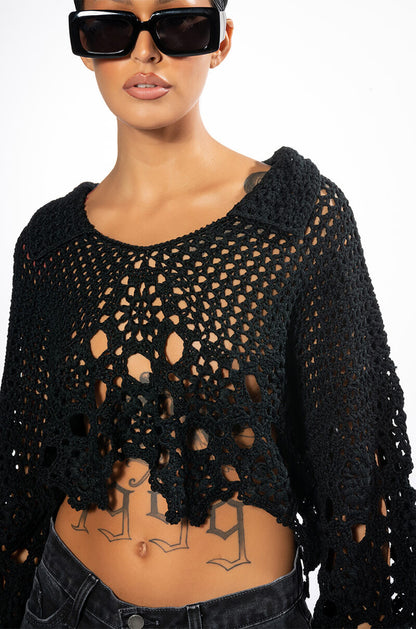 GARDEN OF EDEN COLLARED CROCHET SWEATER