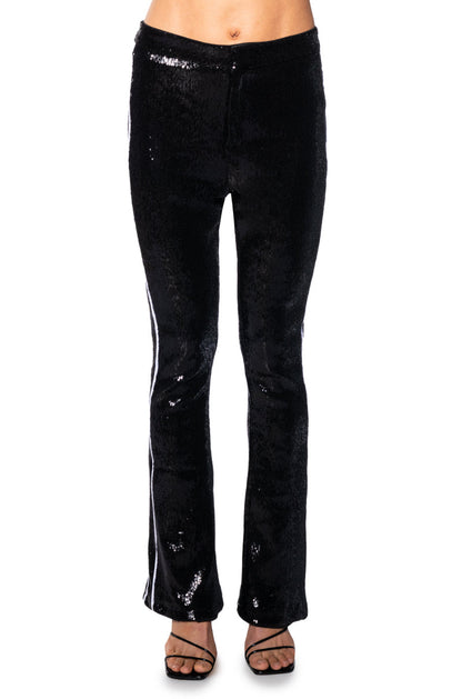 GET DOWN ON IT SEQUIN FLARE TROUSER IN BLACK