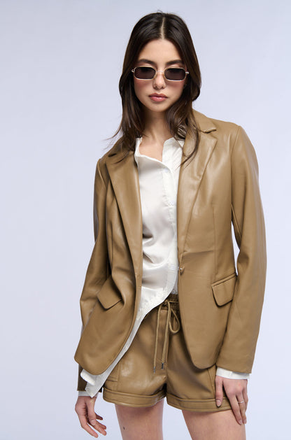 GIRL BOSS SOFT FAUX LEATHER BLAZER IN BROWN