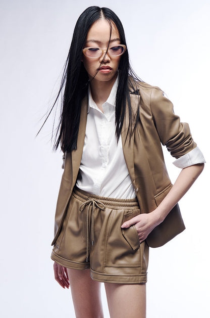 GIRL BOSS SOFT FAUX LEATHER BLAZER IN BROWN
