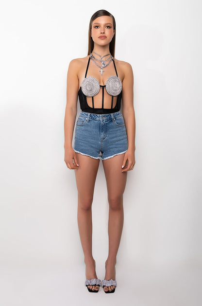 GLITCH IN THE MATRIX RHINESTONE MESH HALTER BODYSUIT