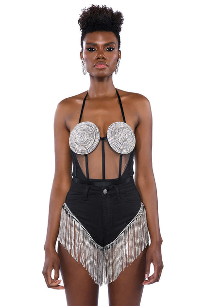 GLITCH IN THE MATRIX RHINESTONE MESH HALTER BODYSUIT