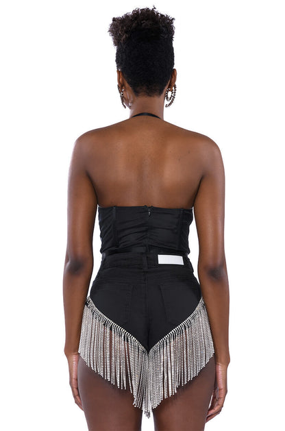 GLITCH IN THE MATRIX RHINESTONE MESH HALTER BODYSUIT
