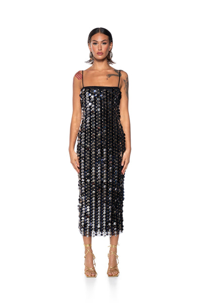 GOLD COIN SEQUIN MIDI DRESS
