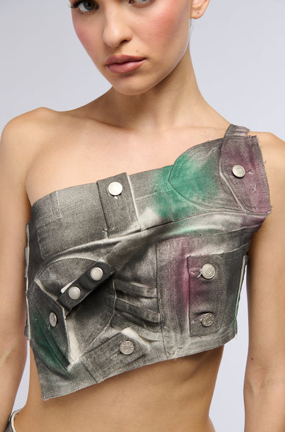NOT YOURS BRALETTE DETAIL LAYERED PAINTED BUTTON DOWN BLOUSE