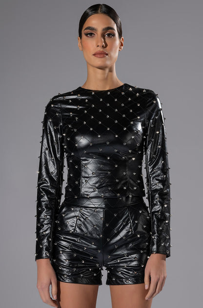 ICO FAUX LEATHER SPIKE DETAILED SHORT