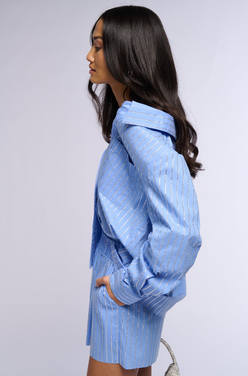 ICED OUT RHINESTONE STRIPE OFF THE SHOULDER POPLIN BLOUSE