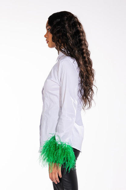 IM A FLIRT OSTRICH FEATHER BUTTON DOWN BLOUSE