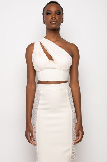 IN MY BAG ONE SHOULDER MESH DETAIL BANDAGE TANK