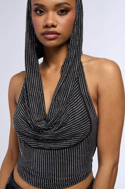 IN THE NAME OF LOVE HOODED RHINESTONE TOP IN BLACK