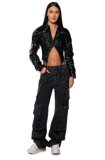 INTO THE MATRIX FAUX LEATHER RUCHED BLOUSE