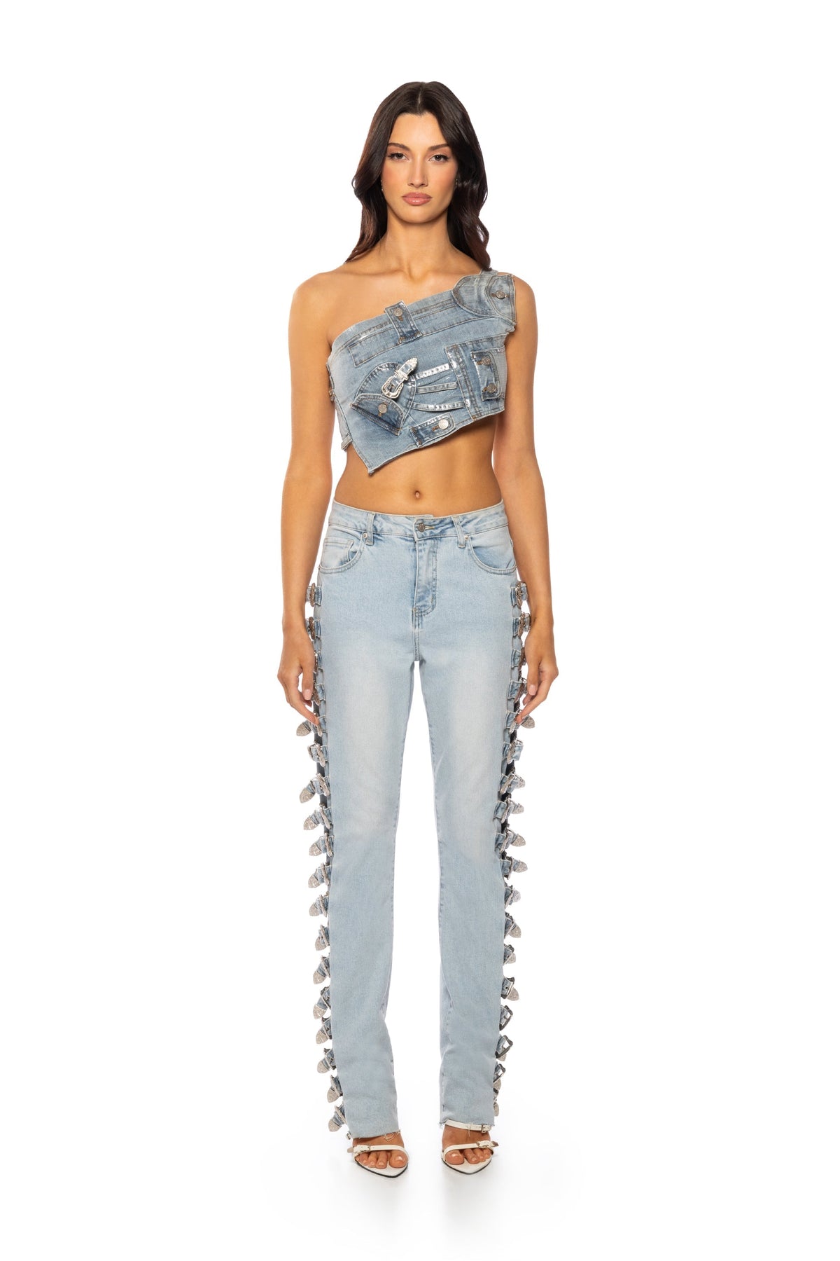 KENLY BUCKLE DETAIL METALLIC DENIM CROP TOP