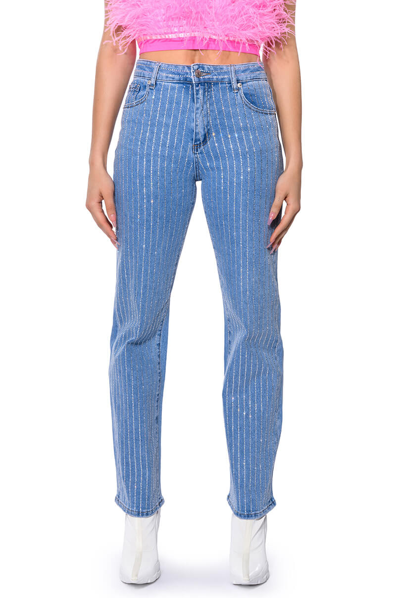 KICK BACK PINSTRIPE RHINESTONE WIDE LEG JEANS
