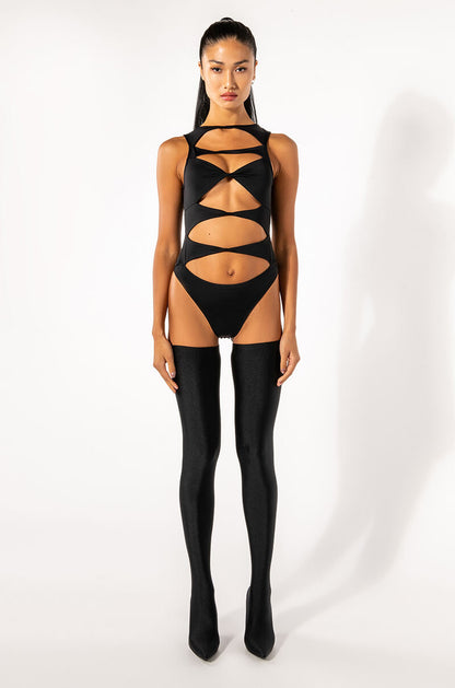 KNOT YOUR BUSINESS SLEEVELESS CUTOUT BODYSUIT